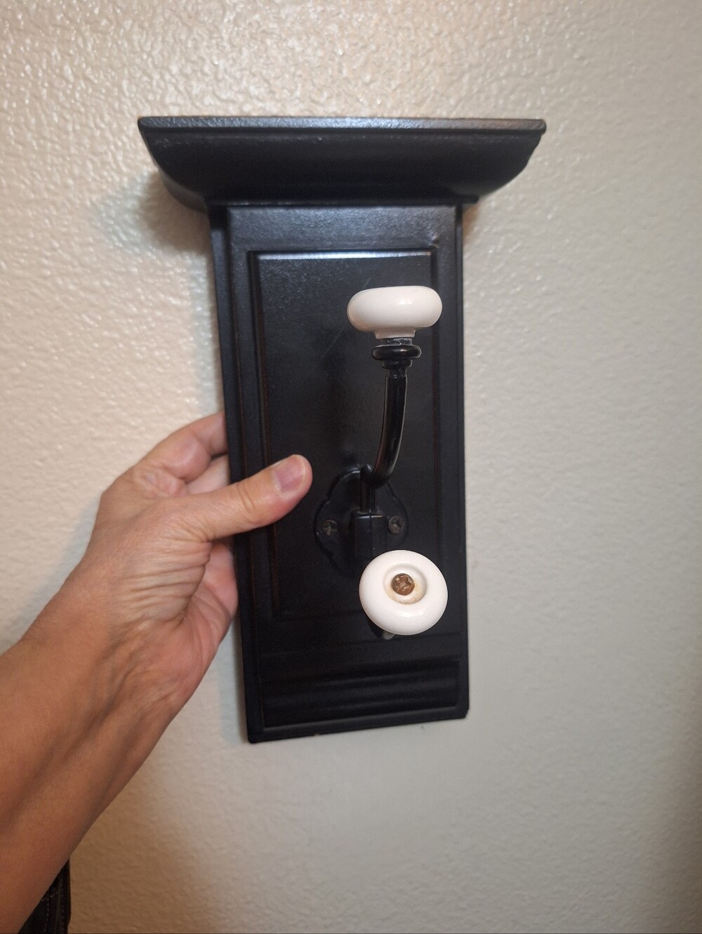 Vintage Style Black Cast Middle Coat Hook With Porcelain Knobs
